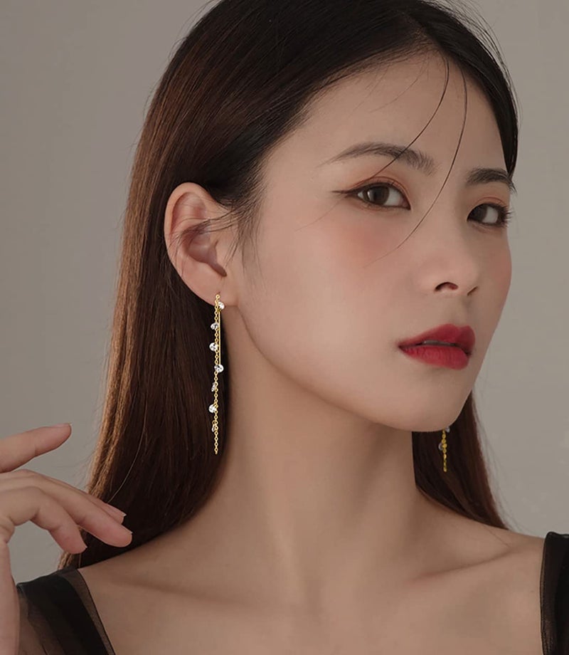 SLUYNZ 925 Sterling Silver Sparkling CZ Droplet Dangle Earrings for Women Teens Elegant Long Dangling Earrings Threader Tassel (C-Gold Plated) - Image 3